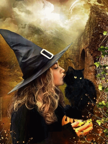 gif de uma bruxa com um gato preto